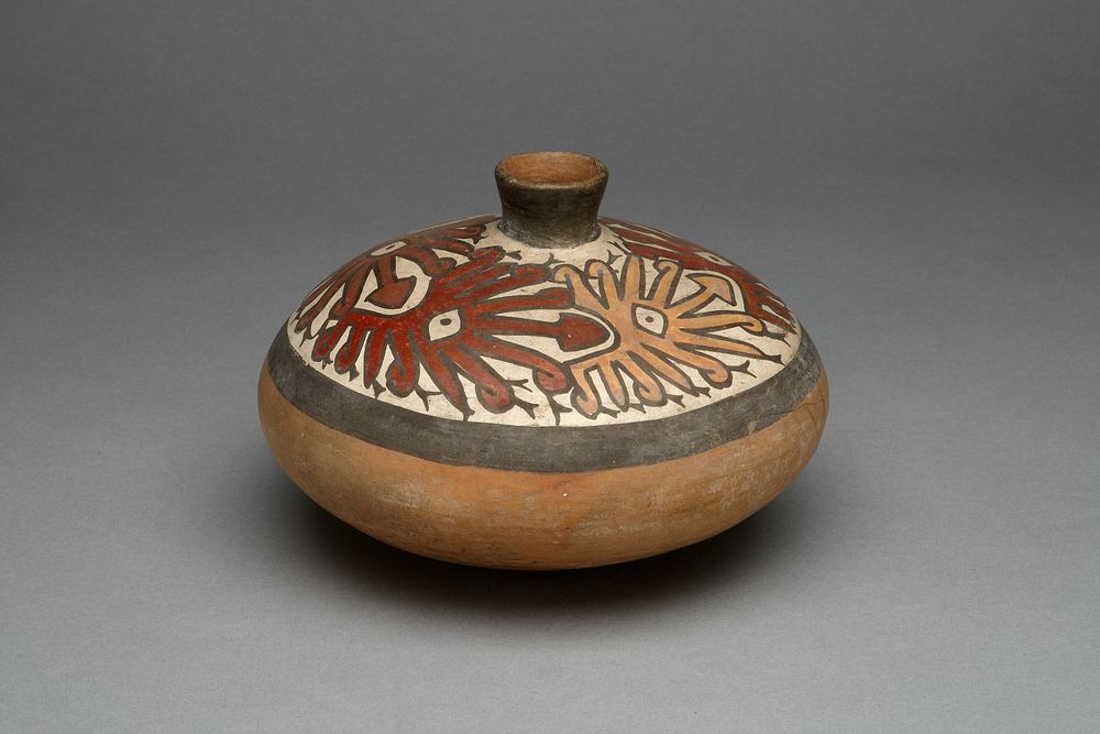 Low Jar with Small Spout Depicting a Repeated Abstract Star or Face Motif by Nazca
