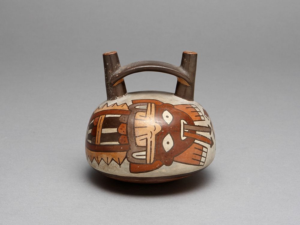 Bridge Vessel Depicting Costumed Ritual Performer with Darts by Nazca