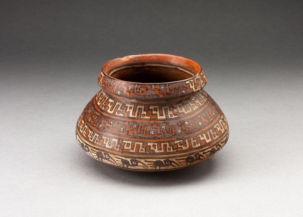 Miniature Jar with Bands of Geometric Motifs and Abstract Birds by Inca