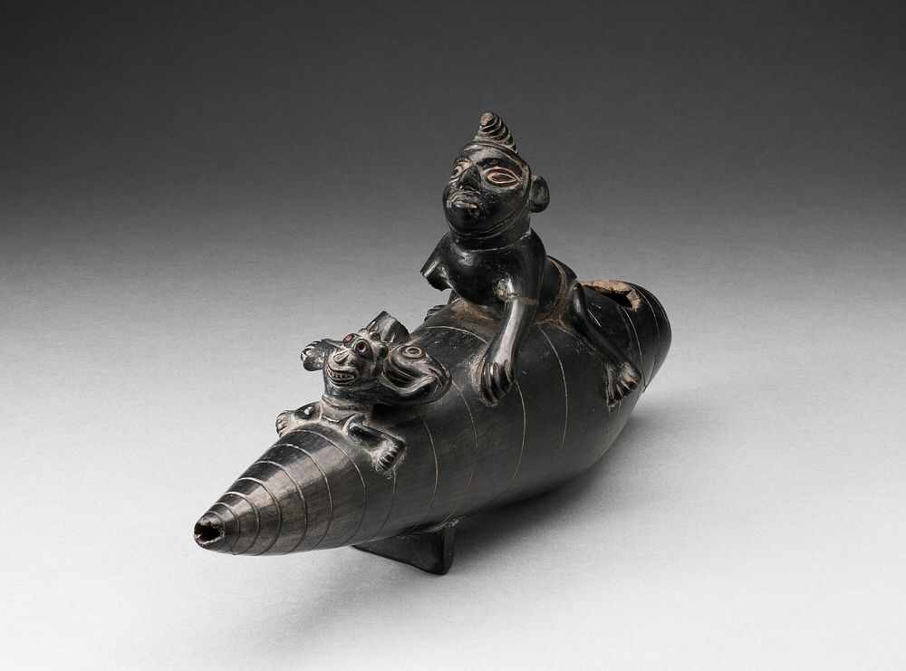 Blackware Vessel in the Form of Two Figures Seated on Reed Boat, Parts Missing by Chimú