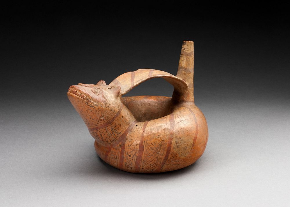 Strap-Handled Circular Jar in the Form a Composite Feline-Serpent with Diagonal Pattern by Moche