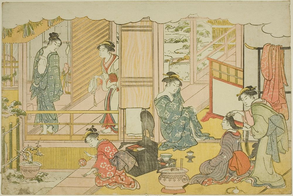 The First Bath of the New Year (Yudono hajime), from the illustrated book "Colors of the Triple Dawn (Saishiki mitsu no…