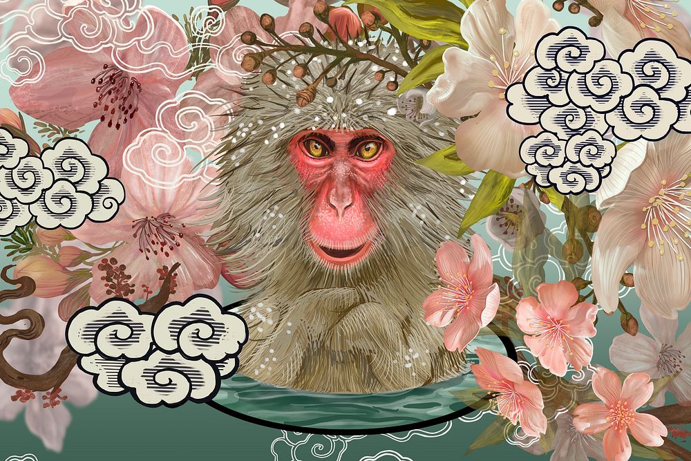 Japanese macaques in an Onsen amid cherry blossom illustration