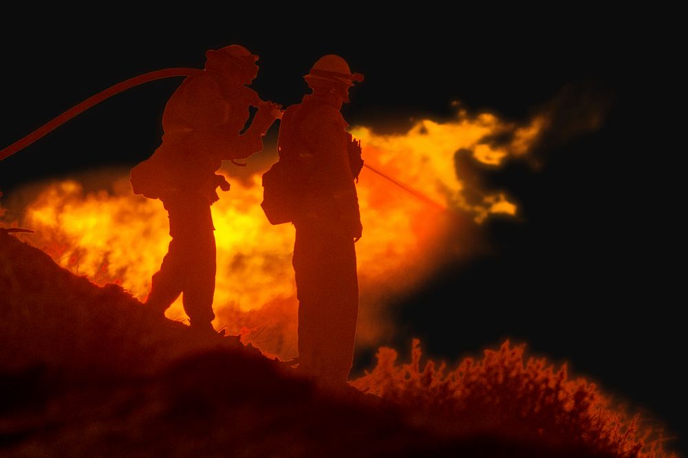 Firefighters & wildfire collage element psd