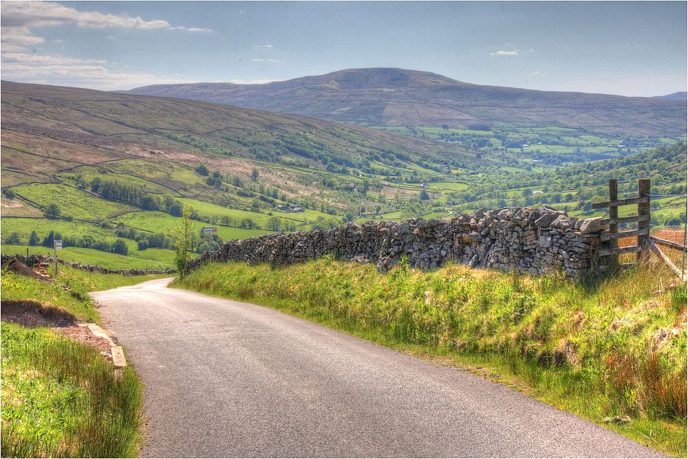 Rural road, countryside hill landscape.