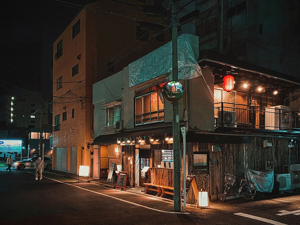 Restaurant at Night, Tokyo, JapanA two-story Japanese restaurant building featuring a mixture of modern and traditional…