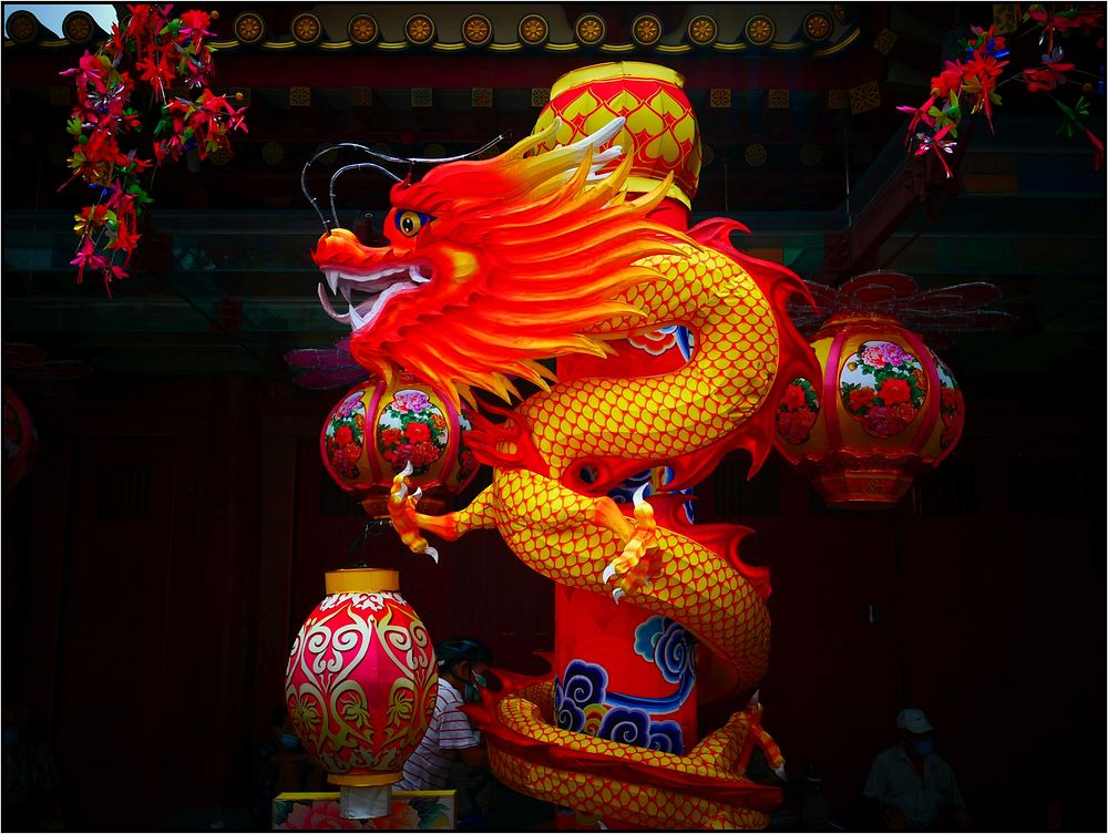 CNY decorations, dragon dance performance.