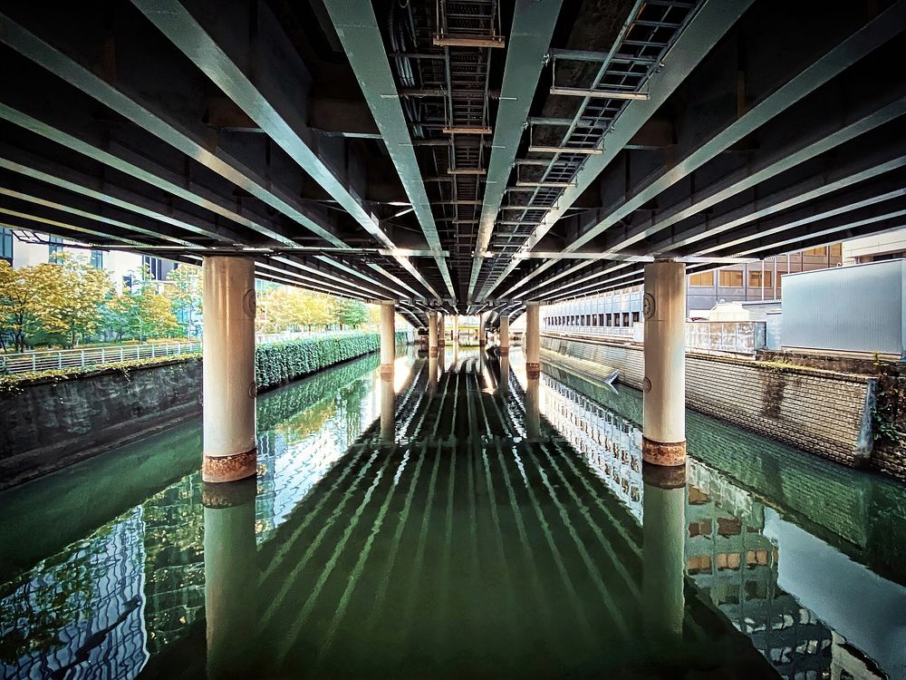 Canal Under Expressway, Tokyo, JapanThe green water of an aging canal runs under an elevated expressway and shows striped…