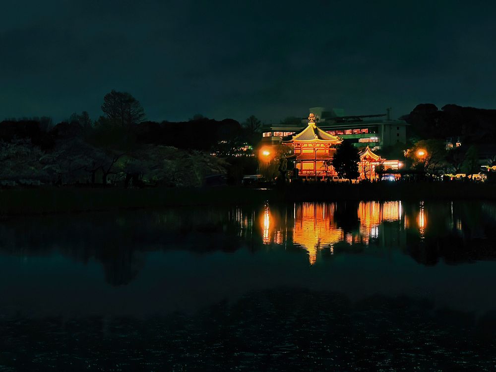 Bentendo Temple at Night, Tokyo, JapanLooking over the water at night towards Bentendo Temple, Shinobazu Pond, Ueno Park…
