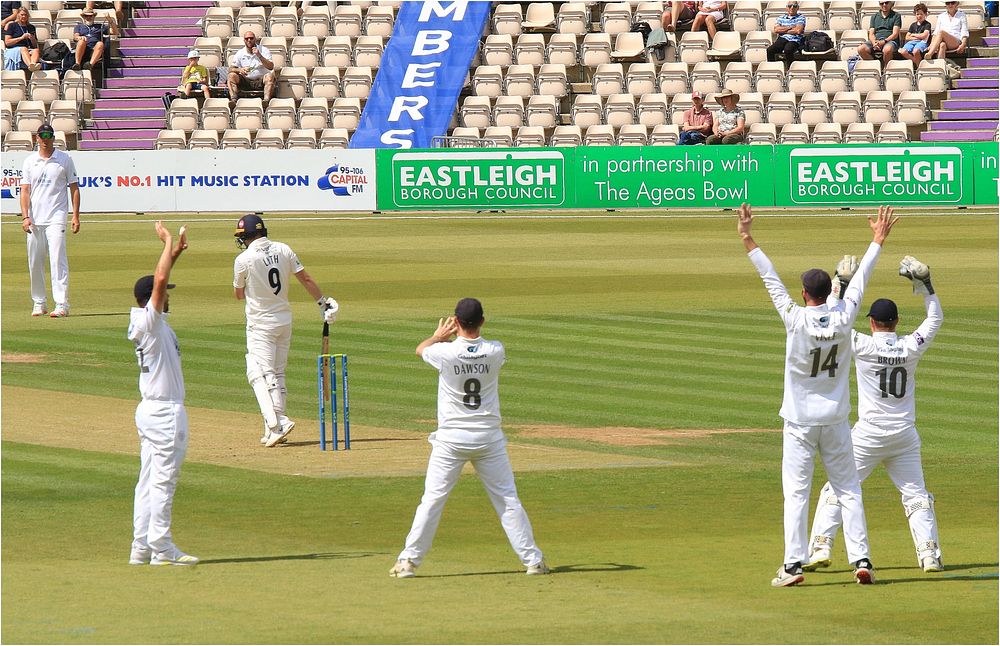 Cricket game. Big appeal for caught behind. Hampshire did a lot of appealing, and increasingly showed dissent when decisions…