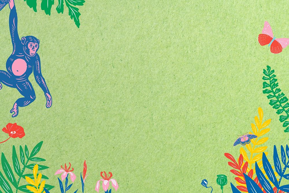 Monkey botanical green background, animal illustration