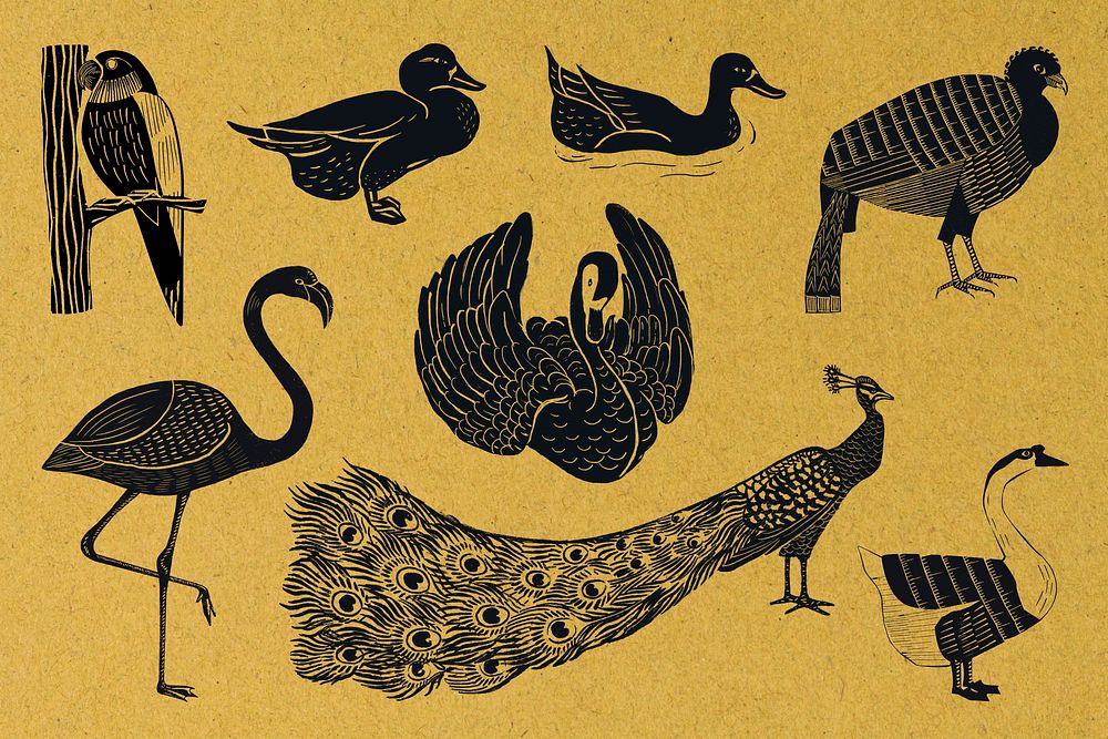Black birds illustration clipart set psd