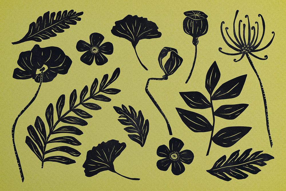 Black botanical illustration clipart set psd