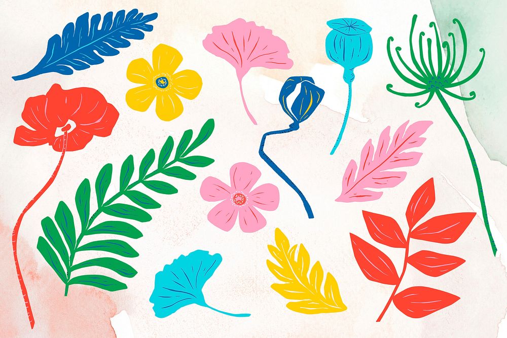 Colorful botanical illustration collage element set psd