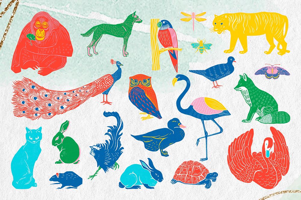 Colorful wildlife illustration clipart set psd