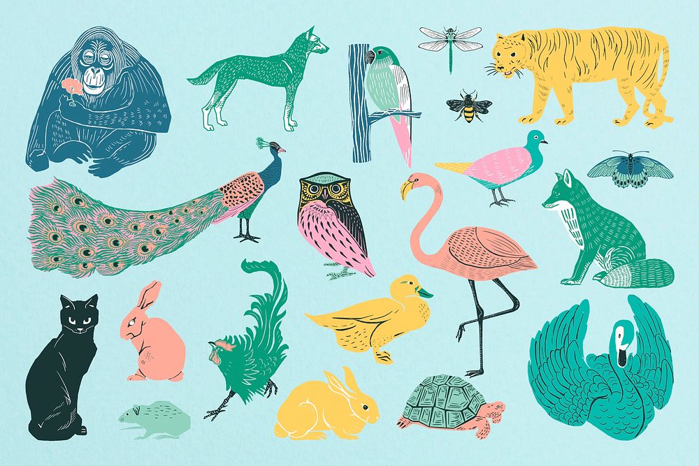 Pastel wildlife illustration collage element set psd