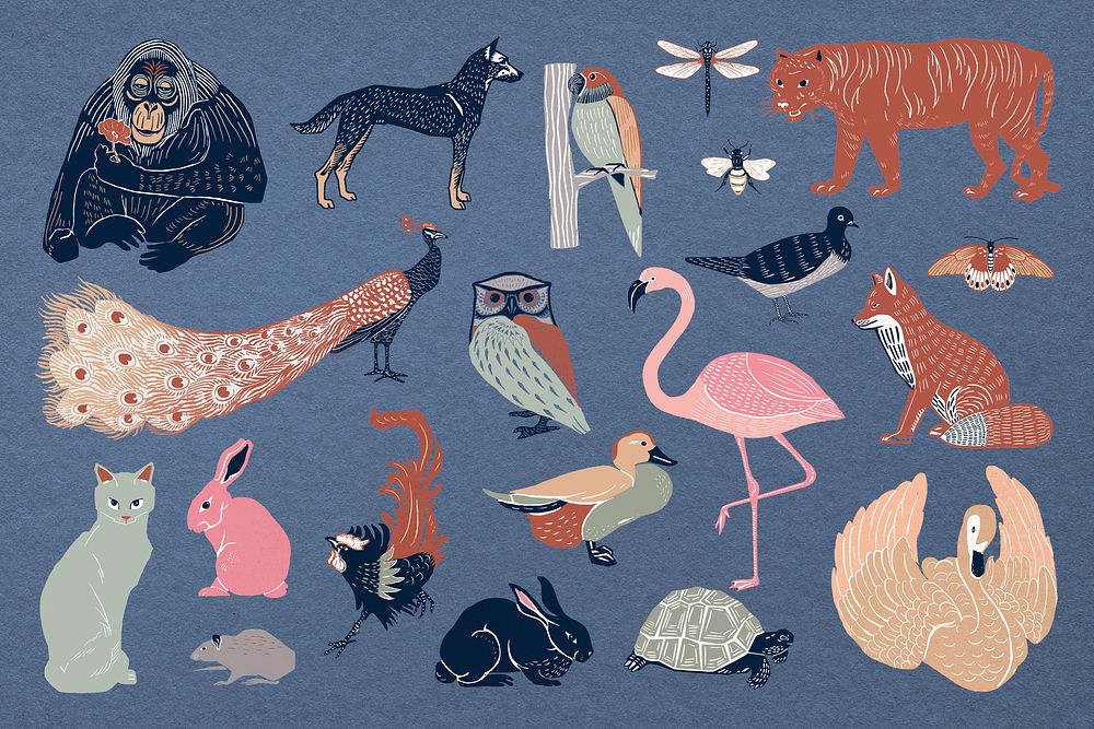 Aesthetic wildlife illustration collage element set psd