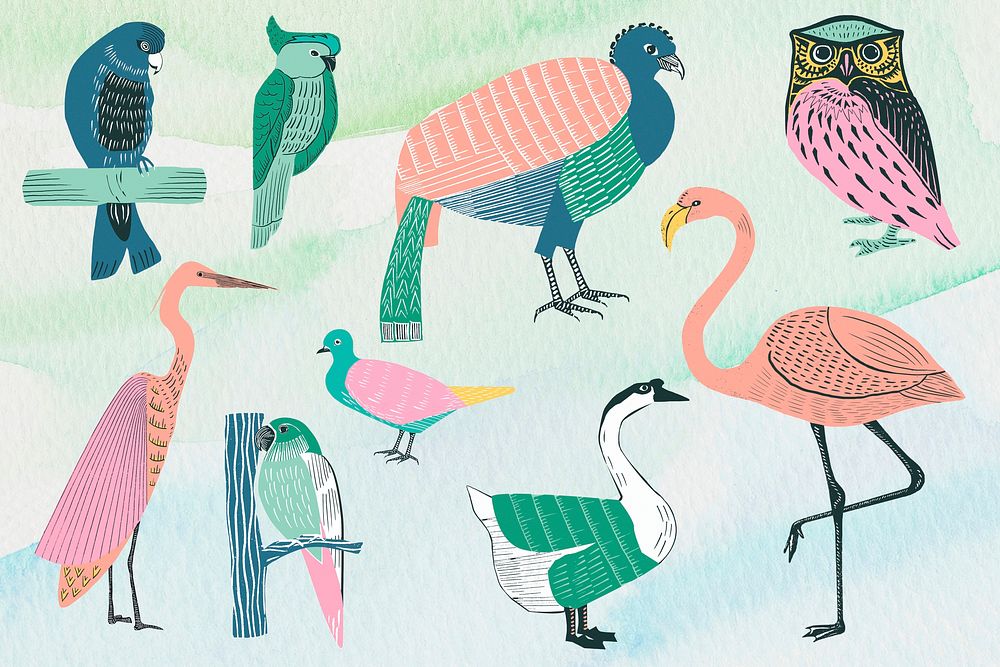 Pastel birds illustration collage element set psd