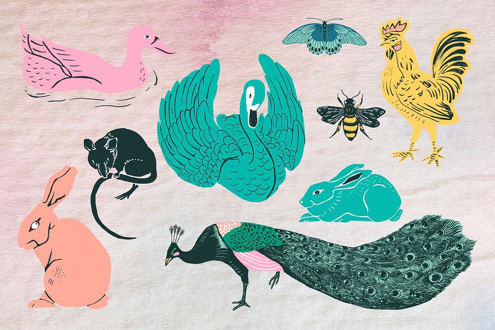 Pastel wild animals illustration collage element set psd