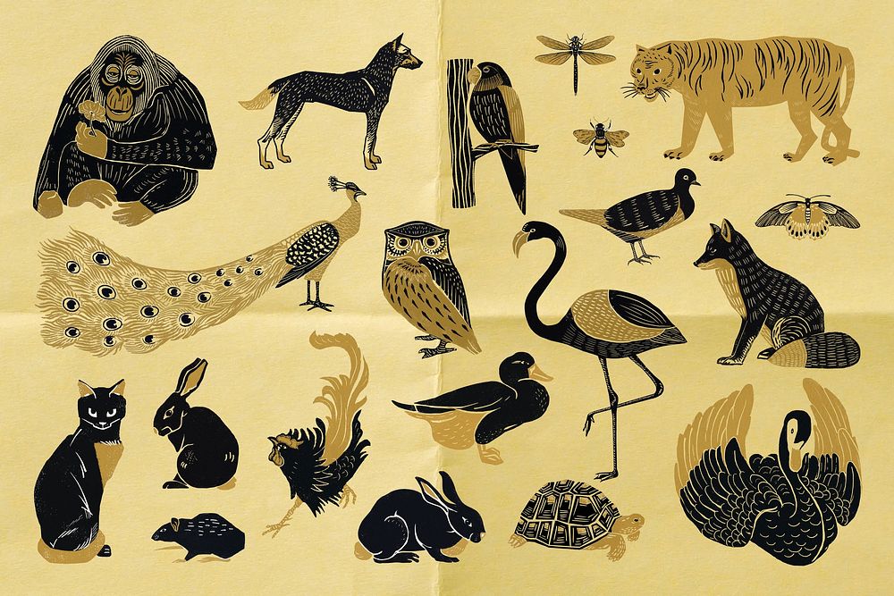 Gold wild animals illustration clipart set psd