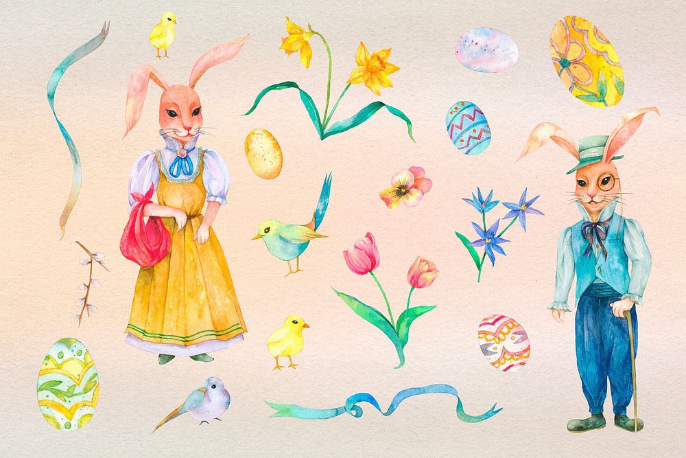 Easter bunny & spring garden watercolor design element set psd