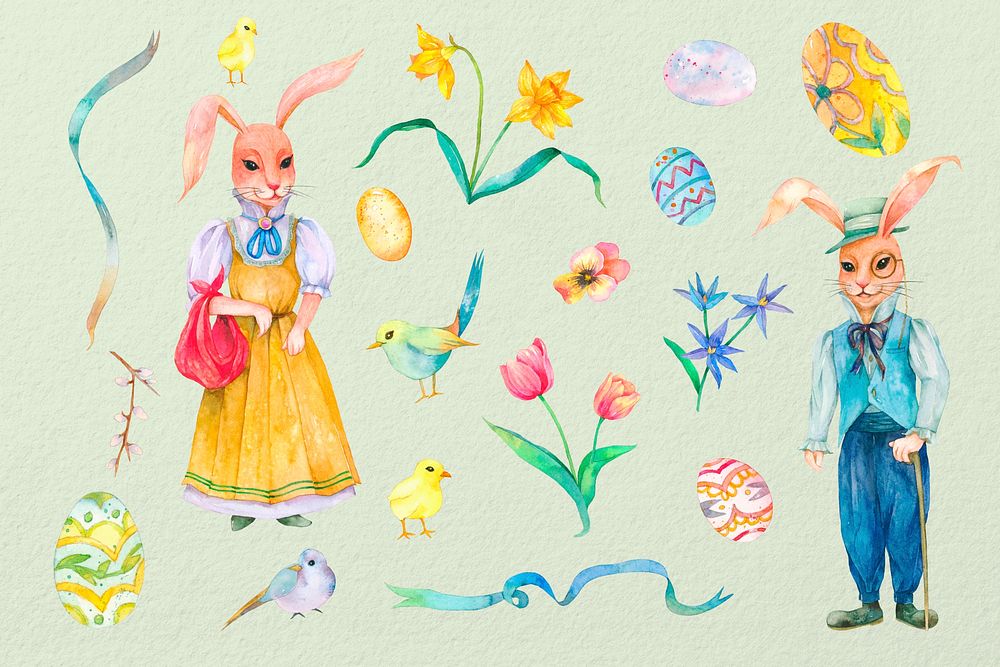Easter garden & rabbit characters watercolor design element set psd