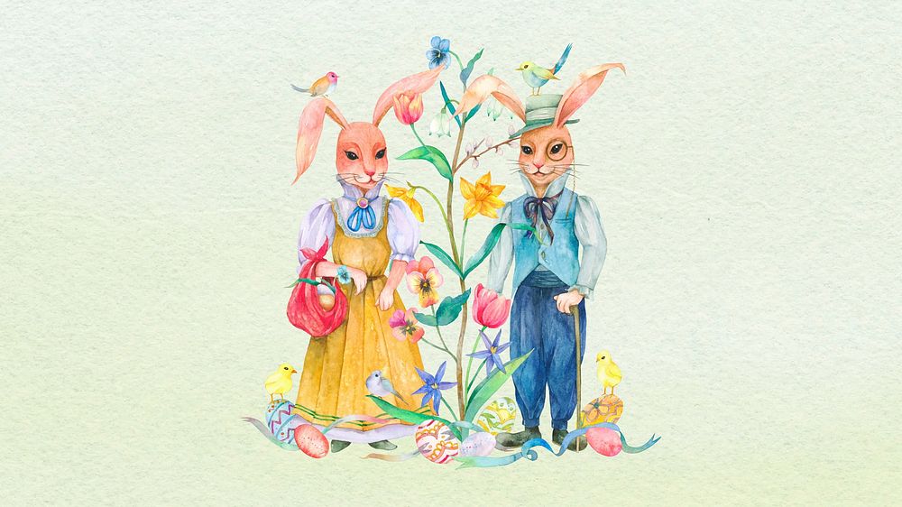 Easter rabbit characters desktop wallpaper, vintage watercolor illustration