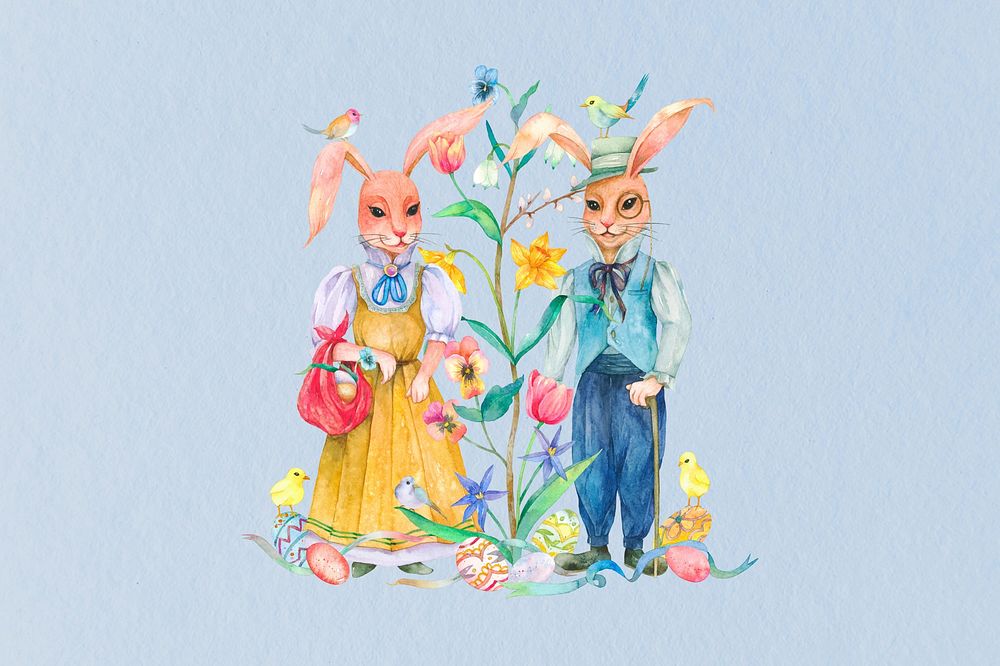 Easter rabbit characters vintage background, watercolor illustration