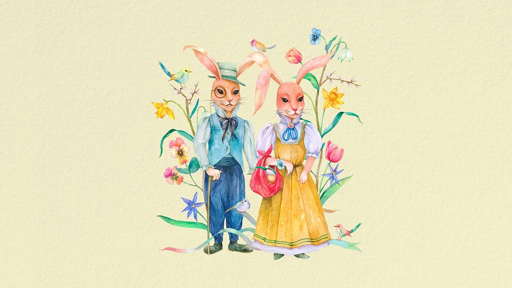 Easter rabbit characters desktop wallpaper, watercolor illustration