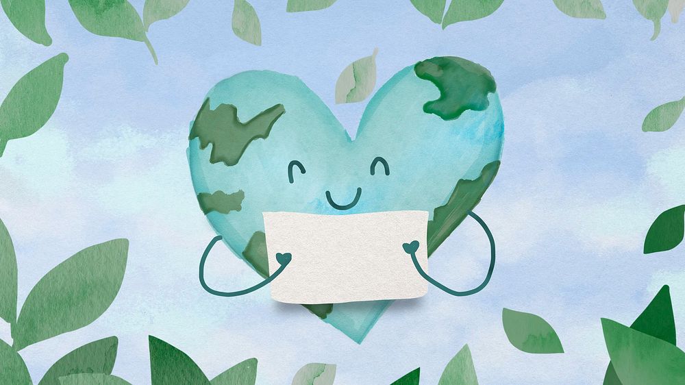 Heart earth doodle desktop wallpaper, cute watercolor design