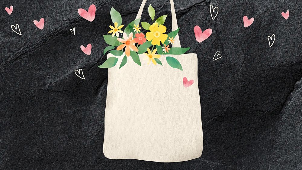 Flowers & tote bag desktop wallpaper, eco-friendly, colorful illustration 