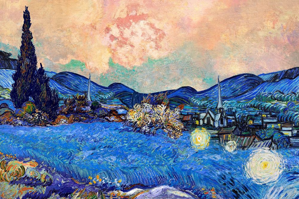Van Gogh's landscape background, art remix.  Remixed by rawpixel.