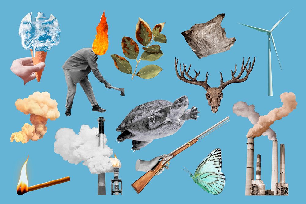 Global warming, pollution & environment  collage element set psd