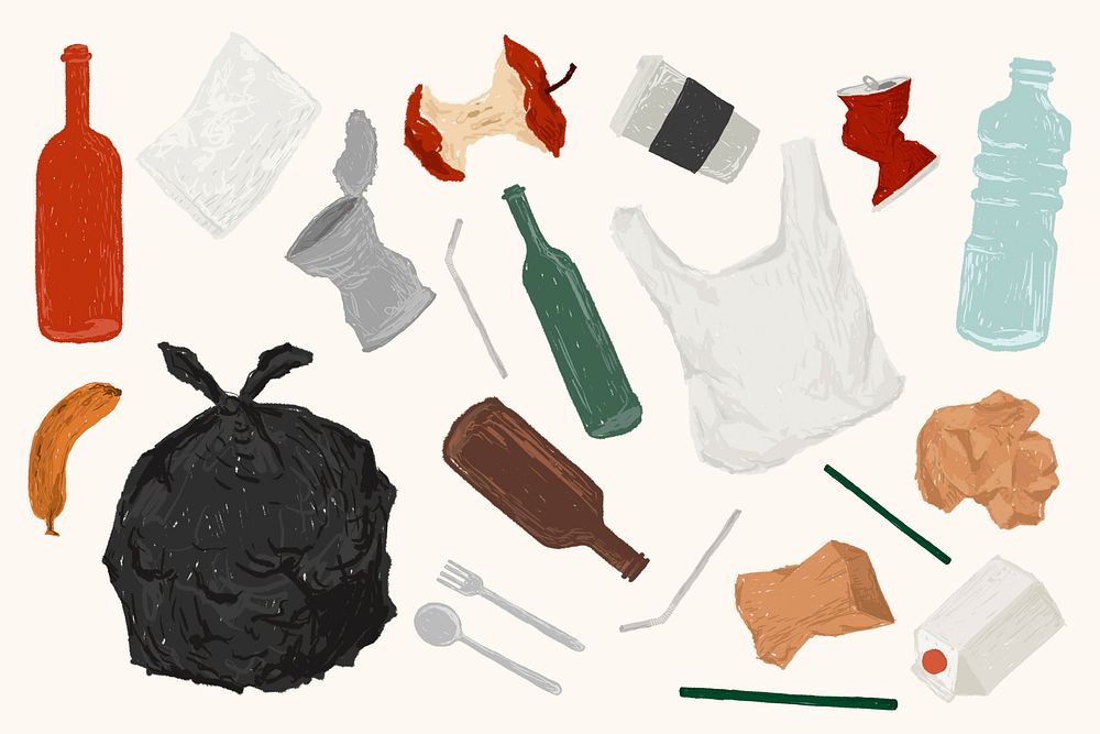 Plastic trash illustration collage element set psd