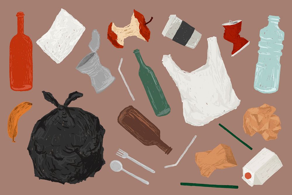 Plastic pollution illustration collage element set psd