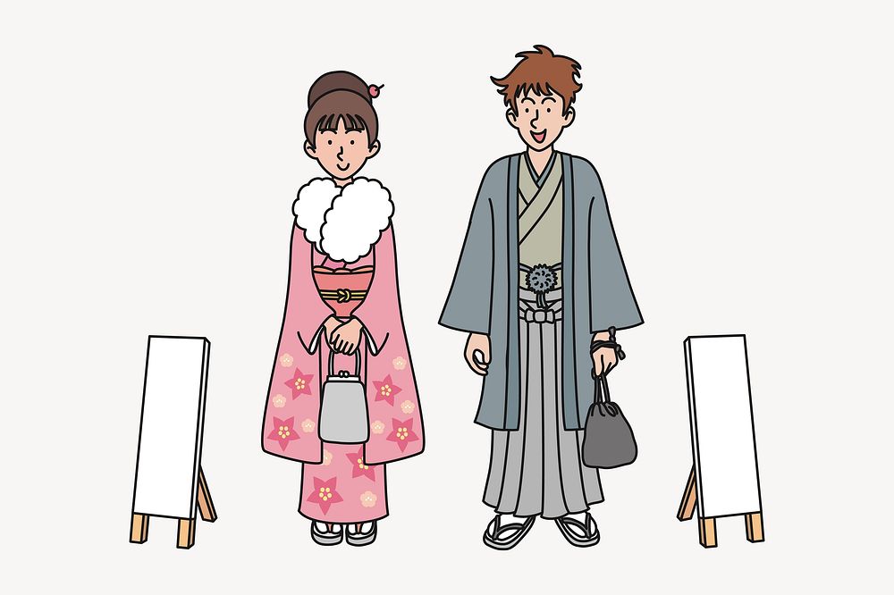 Couple in furisode, traditional winter yukaya clipart illustration vector. Free public domain CC0 image.