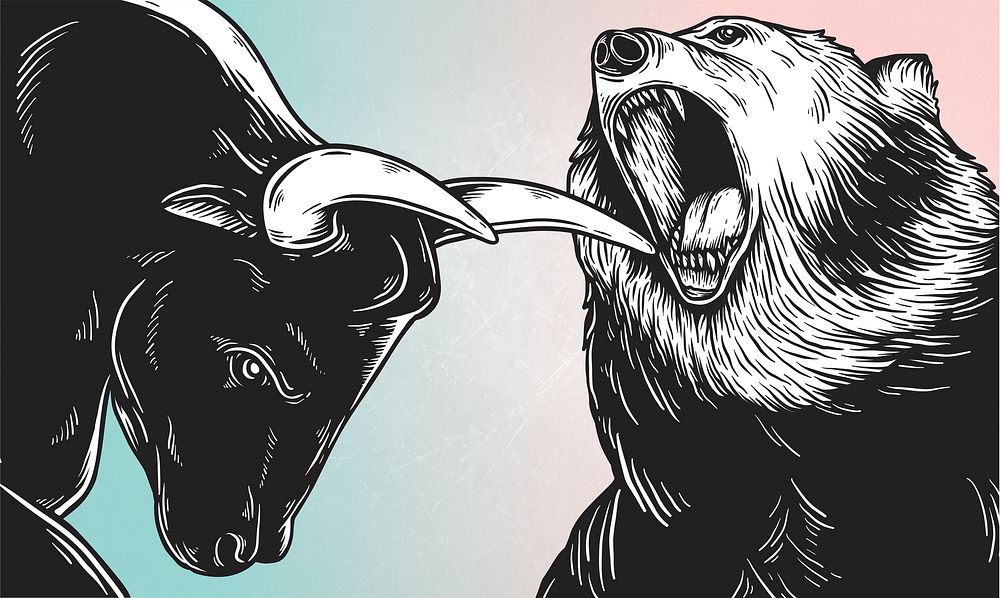 A bull and a bear fighting, stock market illustration