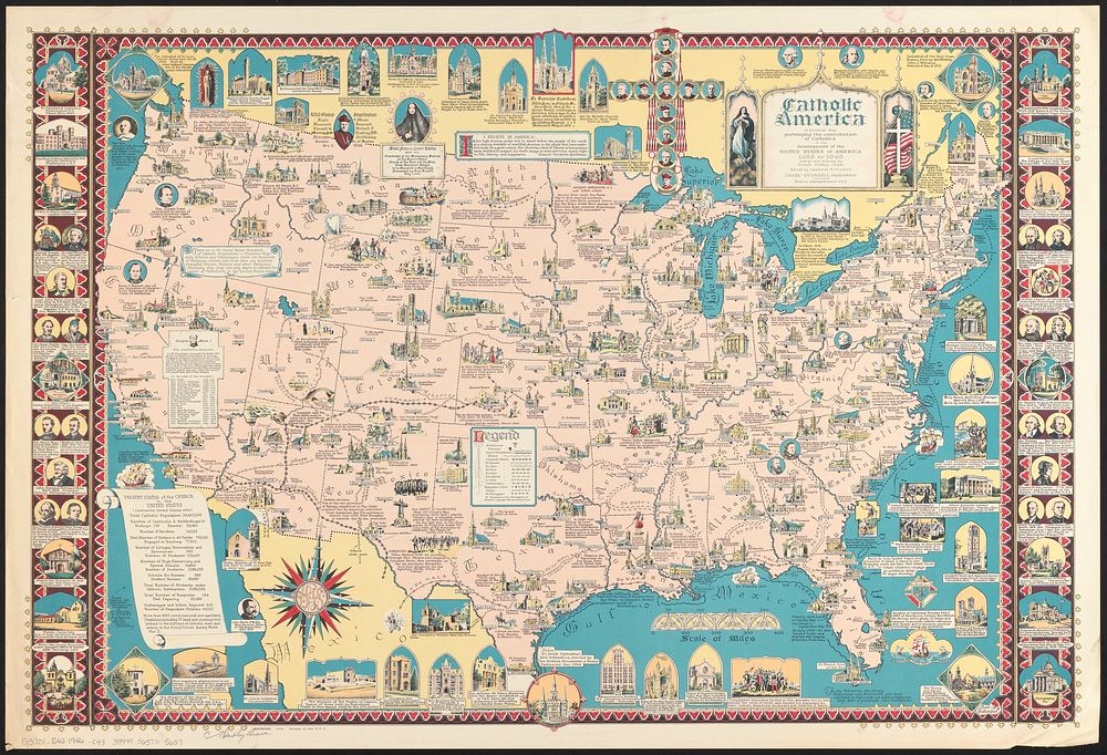             Catholic America : a pictorial map portraying the contribution of Catholics in the development of the United…
