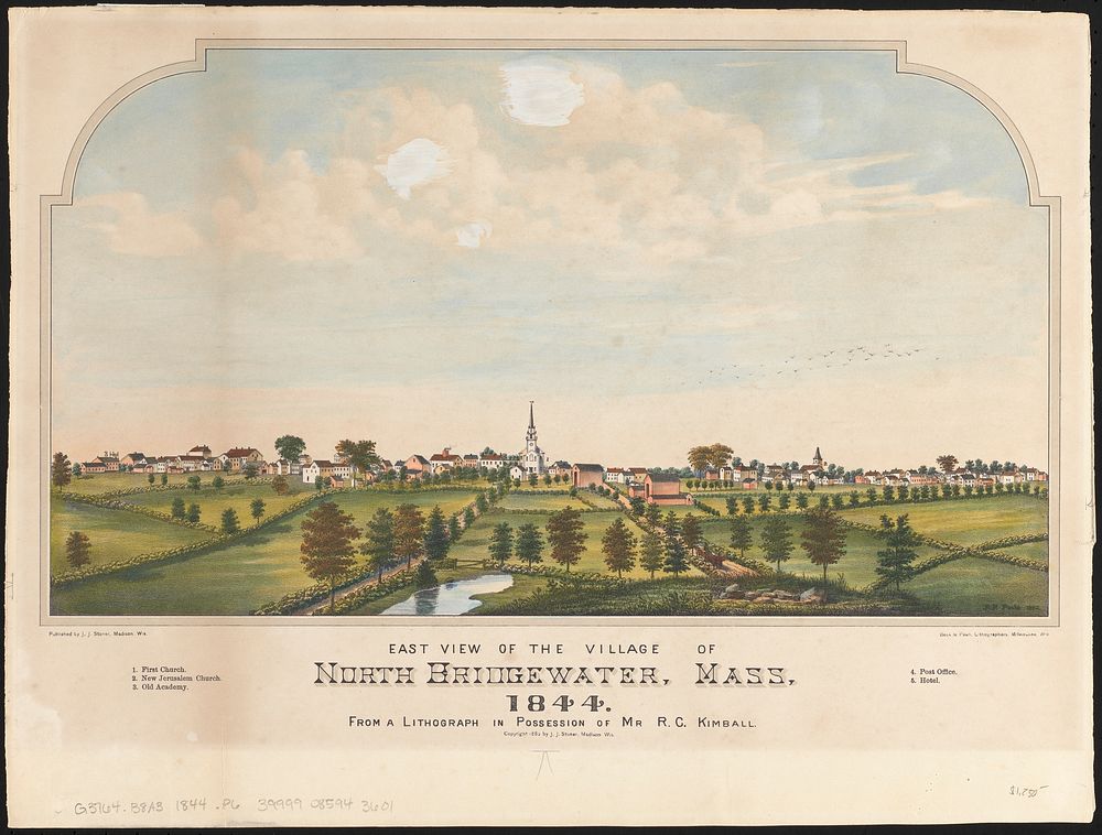             East view of the village of North Bridgewater, Mass, 1844 : from a lithograph in possession of Mr R.C. Kimball  …