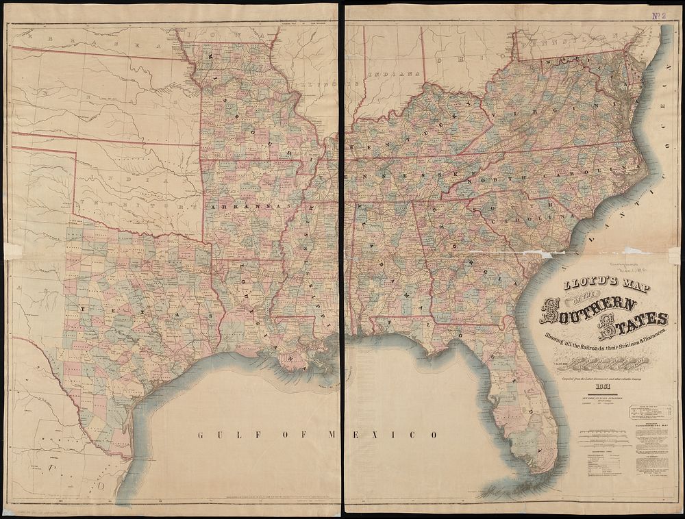             Lloyd's map of the Southern States, showing all the railroads, their stations & distances : also the counties…