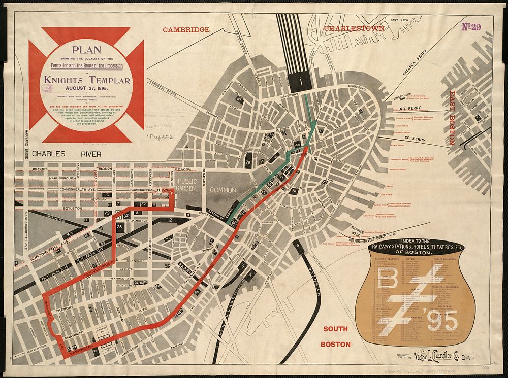             Plan showing the locality of the formation and the route of the procession of Knights Templar, August 27, 1895 :…