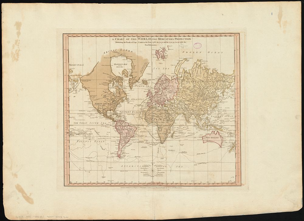             A chart of the world upon Mercator's projection : describing the tracks of Capt. Cook in the year 1768, 69, 70…