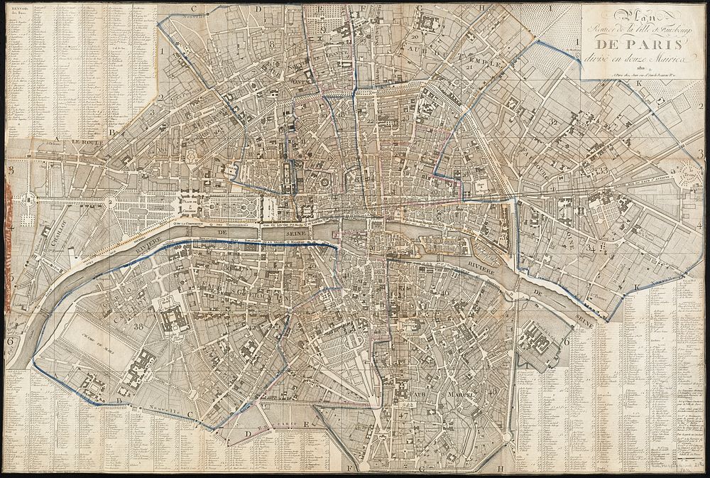             Plan routier de la ville et fauxbourgs de Paris divisé en douze mairiea          