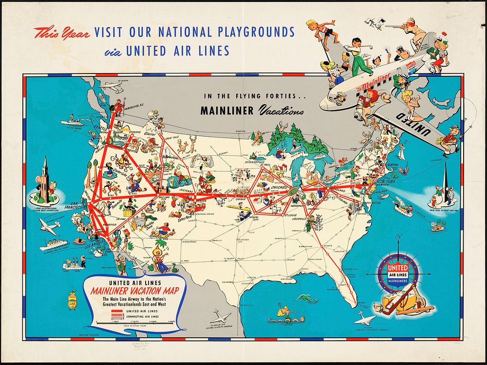             United Air Lines mainliner vacation map : the main line airway to the nation's greatesst vacationlands east and…