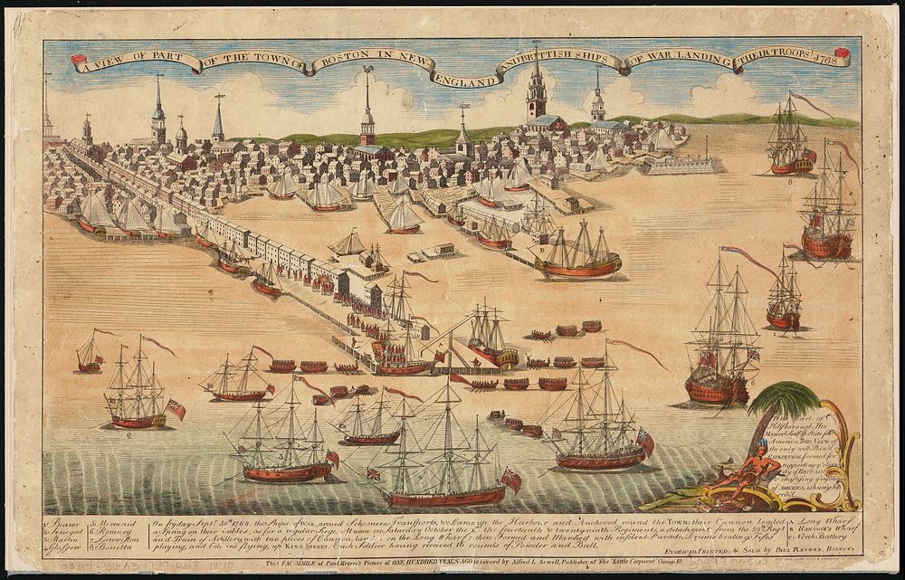             A view of part of the town of Boston in New-England and Brittish sic ships of war landing their troops! 1768    …
