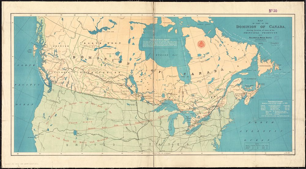             Map of part of the Dominion of Canada, shewing location of some of the principal products, also railway & water…