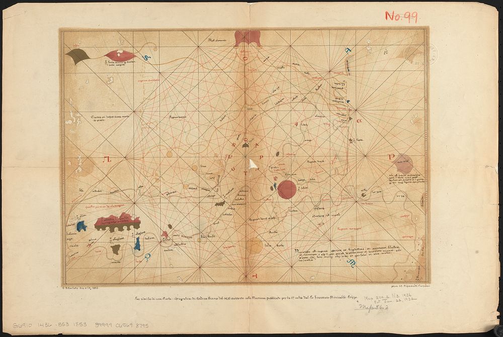             Facsimile di una carta idrografica di Andrea Bianco del 1436 esistente nella Marciana          