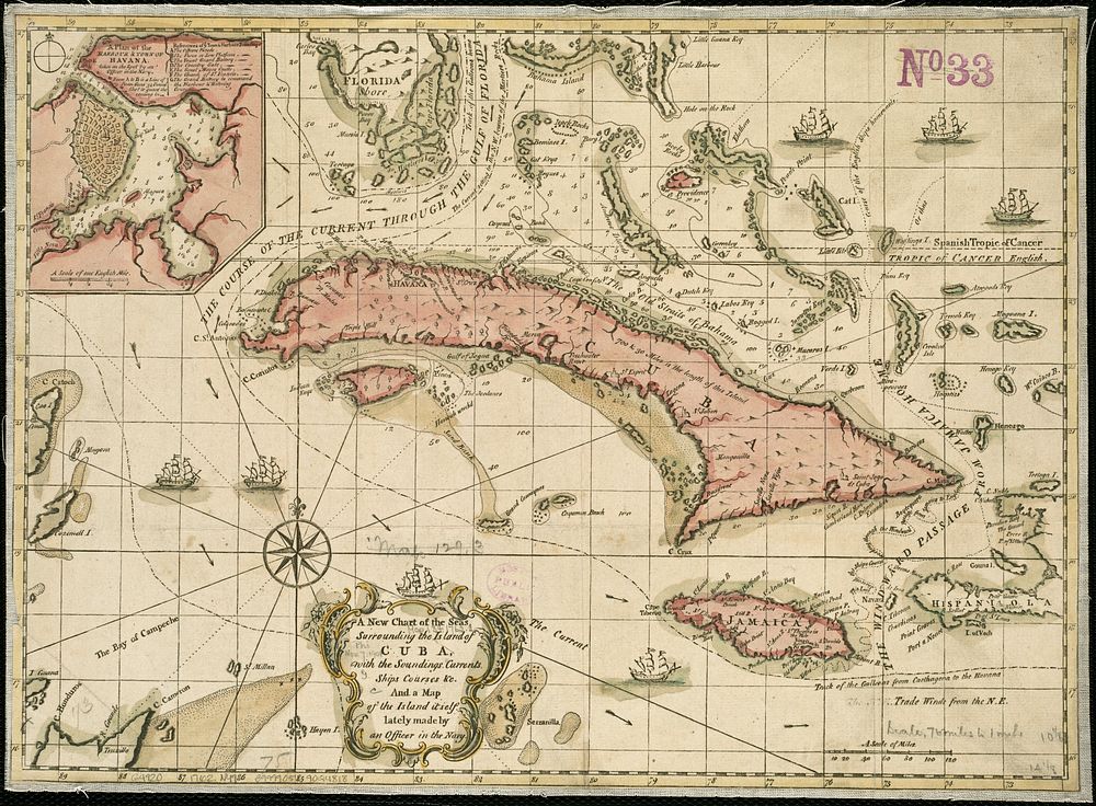             A new chart of the seas surrounding the island of Cuba, with the soundings, currents, ships, courses &c. and a…