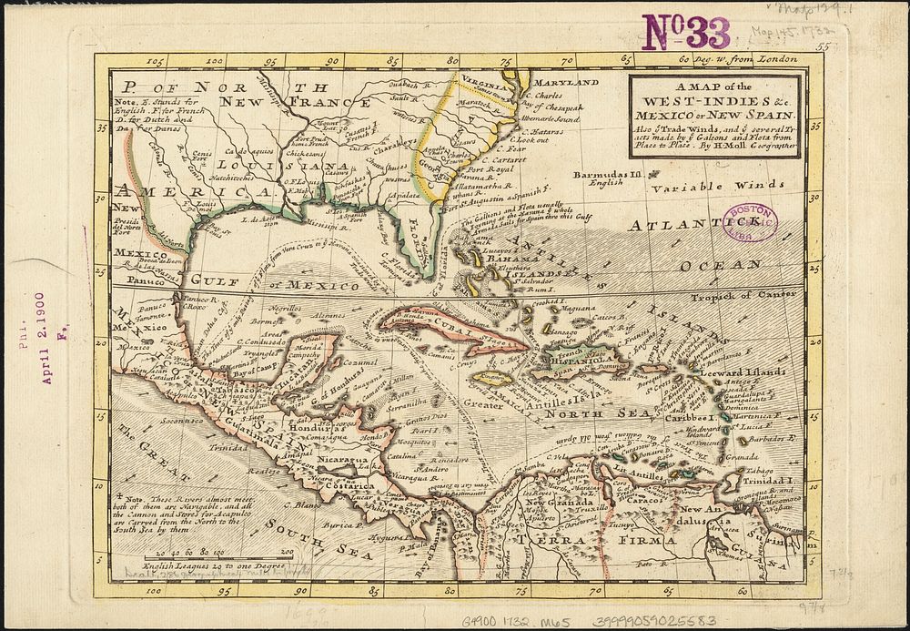             A map of the West-Indies &c. Mexico or New Spain : also ye trade winds, and ye several tracts made by ye galeons…