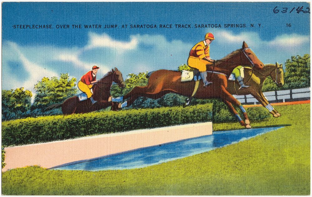             Steeplechase, over the water jump, at Saratoga Race Track, Saratoga Springs, N. Y.          